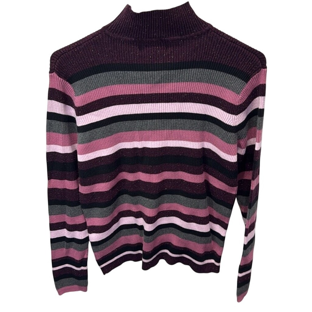 Sag Harbor Womens Striped Mock Neck Ribbed Knit Sweater Purple Pink Large F23441 - Picture 3 of 5